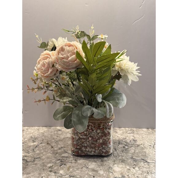 Spring Silk Floral Arrangement Clear Glass Vase Shell Chips Beach Decor - Picture 6 of 9